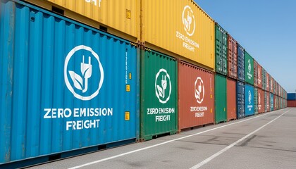 Shipping containers with eco-friendly labels in a freight yard zero emission freight