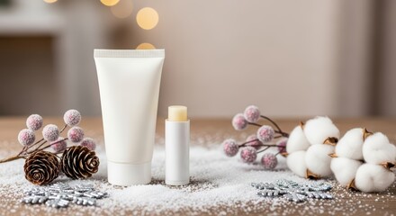 Winter skincare essentials display with lotion tube and lip balm amidst snowy decor