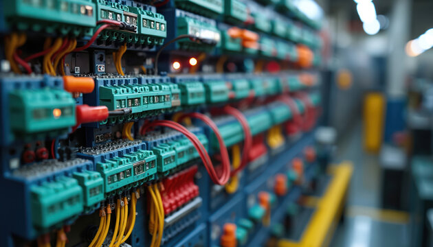 Industrial electrical panel with many wires and components. It shows a complex electronic control system for automation and machinery. This device enables advanced diagnostics.