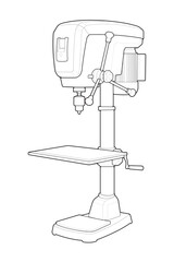 A simple black and white line art vector illustration of a drill press machine. Isolated outline icon of stationary workshop power tool equipment.