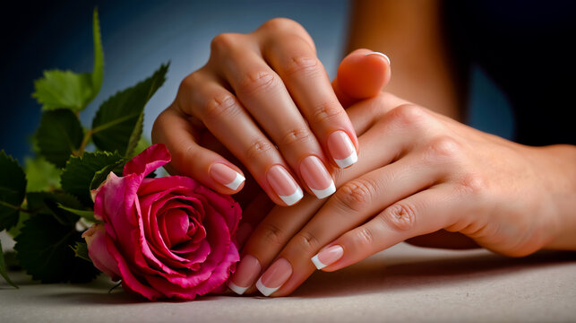 A close-up of a woman's hands with pink nails and a pink rose