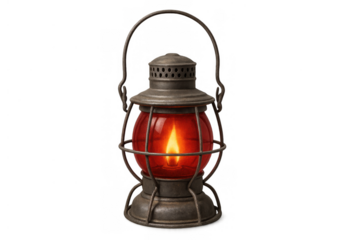 Vintage oil lamp illuminating with a red glass globe, ancient lantern providing warm light, transparent background