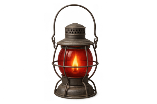 Vintage oil lamp illuminating with a red glass globe, ancient lantern providing warm light, transparent background