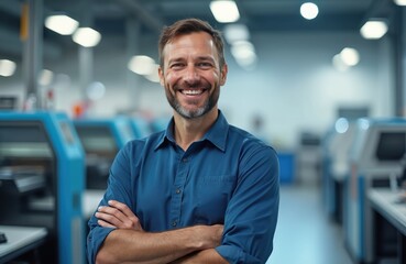 Mature man smiling, arms crossed inside printing factory. He wears blue shirt, stands near offset machines. Pro worker confident, successful industrial business.