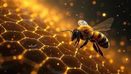 Fuzzy bee flies near modern glowing digital honeycombs. Golden connected hexagons form futuristic tech network. Image shows nature, technology together, efficiency, communication, innovation for