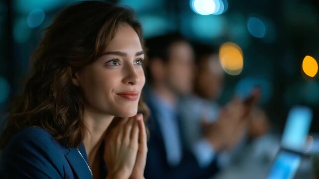 Portrait of a businesswoman celebrating during a meeting in office, group of businesspeople celebrating success, applauding and smiling, teamwork concept, under soft office light h