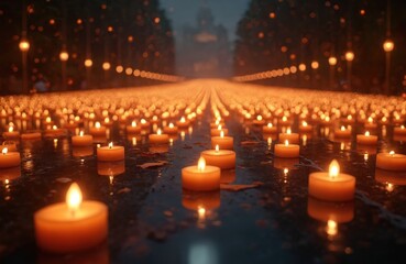 Many memorial candles burn in rows at night creating a path of light. Flames reflect on wet ground evoking solemn, spiritual feelings. A peaceful scene for prayer, hope and remembrance.