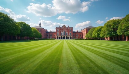 Large red brick building stands behind huge green lawn. Manicured grass perfect stripes under bright blue sky with white clouds. Traditional university campus architecture on sunny day. Big green