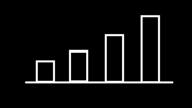 Minimalist bar chart growth animation with white outline on a black background. Essential graphic element for business, finance, data analysis, and corporate presentations.