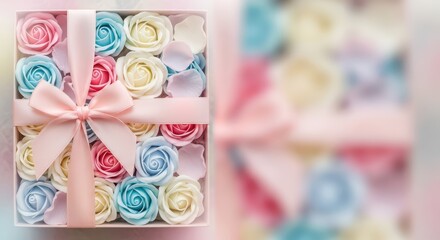 Obraz premium Elegant box of colorful roses with pink ribbon for special occasions