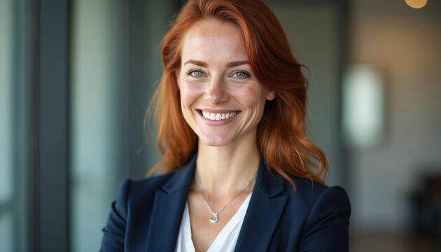 Smiling auburn haired lady poses in corporate setting. Positive businesswoman stands in navy suit near window. Manager looks at camera. Lady boss shows confidence, good mood. Teamwork, leadership