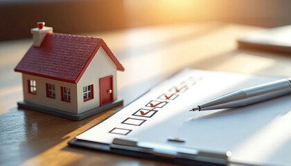 Miniature house near checklist and pen on wood table. Real estate planning and homeownership concept. Financial investment for property. Buying or building a new residence requires planning.