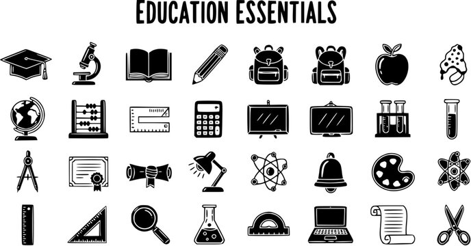 Black and White Education Essentials Icons Set - School, Learning, Study Supplies and Symbols Collection