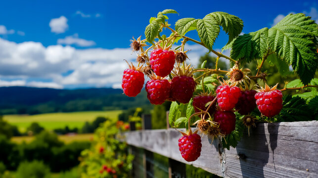 A close-up of ripe red raspberries hanging from a green plant with a scenic background of a field and mountains - Powered by Adobe