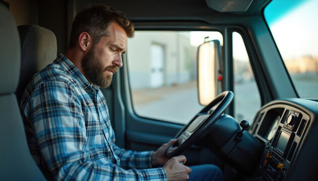 Bearded man in checkered shirt looks tired in truck cabin. Driver fights sleepiness on long road trip. Exhausted pro needs rest to ensure road safety.