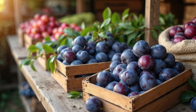 Plums in wooden crates, sacks on rustic table. Fresh ripe fruits from farm, orchard. Harvesting at garden in countryside. Eco farming concept. Healthy food, natural background. Organic season produce.