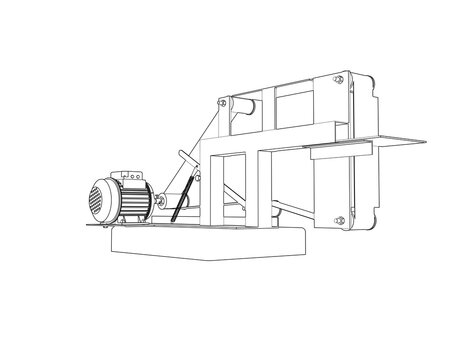 Blueprint Style Belt Sander Grinder Machine Line Art: Detailed Monochrome Engineering Schematic Vector Diagram for Industrial Metal Woodworking Power Tool Depiction, Technical Workshop Equipment CAD