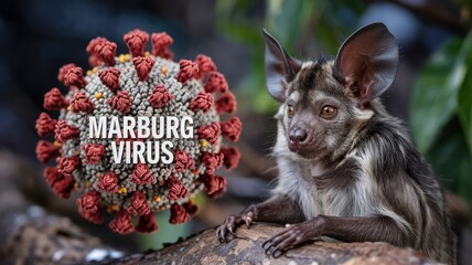 The Marburg virus. The virus causes a rare but often fatal disease. It is transmitted to humans from bats. A bat and the inscription "Marburg virus" next to it.