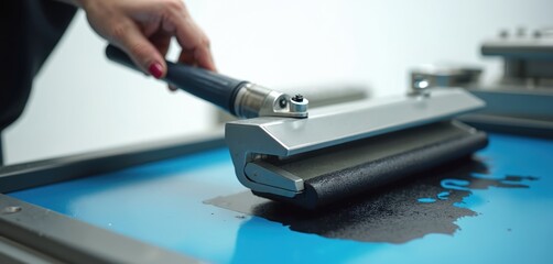 Close up photo of artisan screen printing. Hand holds squeegee pushing ink through stencil on blue surface. Manufacturing craft work concept in workshop.