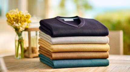 Stack of colorful folded sweaters on wooden table