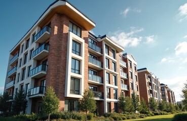 Brand new modern apartment building complex with red brick facade, glass balconies under blue sky. Upscale residential real estate property development with landscaped green lawn. Contemporary urban
