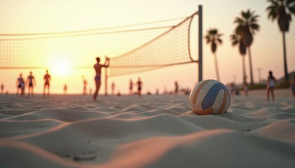 Beach volleyball game at sunset on California coast. Players play near net, palm trees in background. Ball on sand foreground. Recreation sport activity at ocean coast. Summer lifestyle. People