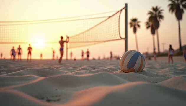 Beach volleyball game at sunset on California coast. Players play near net, palm trees in background. Ball on sand foreground. Recreation sport activity at ocean coast. Summer lifestyle. People - Powered by Adobe