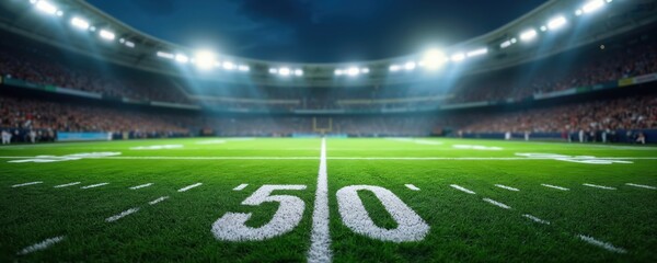 Full view of soccer sports arena with green grass lawn and stadium lights. Crowd is watching match. American football field is ready for competition event. Perspective shot sport playground for match.