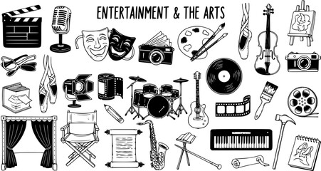 Hand-drawn Entertainment and The Arts Collection: A comprehensive set of sketch icons for music, film, theater, dance, painting, and creative hobbies. © evalova