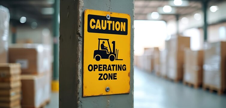 Yellow caution forklift operating zone sign on industrial pillar. Warehouse background shows blurred stacked pallets, boxes, loading area. Safety warning for logistics, goods movement, efficient - Powered by Adobe