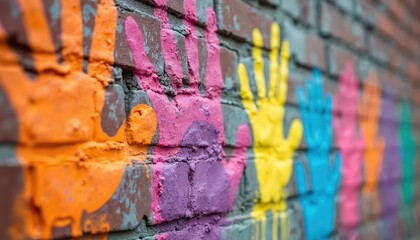 Colorful handprints painted on brick wall in row. Different bright colors show unity and diversity. Community art project displays togetherness.