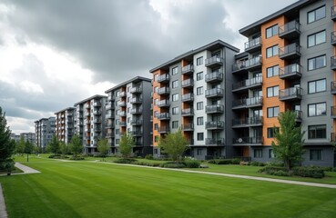 Modern multi story apartment buildings with balconies form a long row. A lush green lawn spreads out before the structures. The sky above is overcast with clouds.