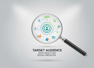Magnifying Glass Analyzing Target Audience Data Analytics and Social Media ROI Infographic with Colorful Business Icons on Grey Background.