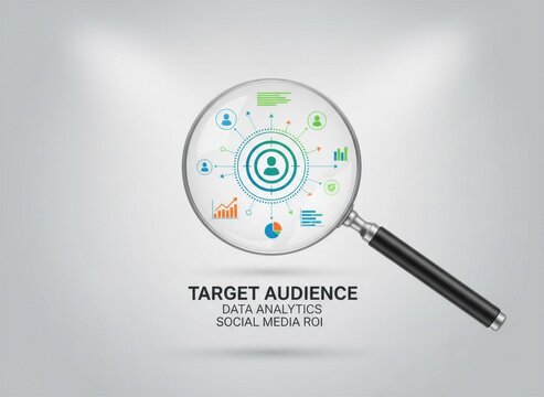Magnifying Glass Analyzing Target Audience Data Analytics and Social Media ROI Infographic with Colorful Business Icons on Grey Background.