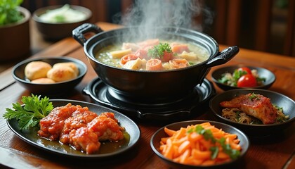 Close-up of steaming Chinese hotpot dish featuring various ingredients in black pot. Meal includes seafood beef tofu, vegetables served on small plates. Represents traditional Asian cuisine, healthy
