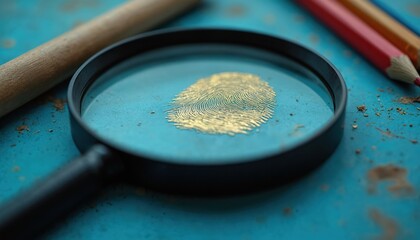Magnifying glass over golden fingerprint on blue textured surface. Wooden stick, colorful pencils close by. Photo suggests crime investigation, evidence analysis, detective work. Represents precise