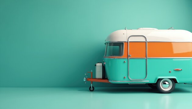 Retro styled caravan in studio background. Teal, orange accents highlight design. Perfect for travel blogs, ads. Vacation adventure concept. Road trips, summer holidays at caravan on camping.