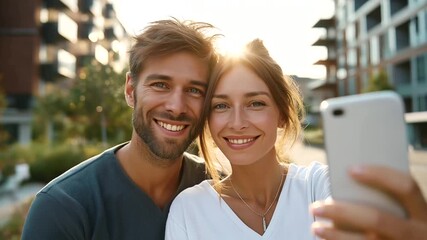 Portrait of a happy young couple standing in front of their new house, with keys in hands, smiling man and woman posing near modern home, making selfie, real estate agency, house o
