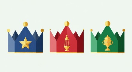 Epiphany Three Kings Paper Crowns in Blue, Red, and Green with Gold Foil on Light Background