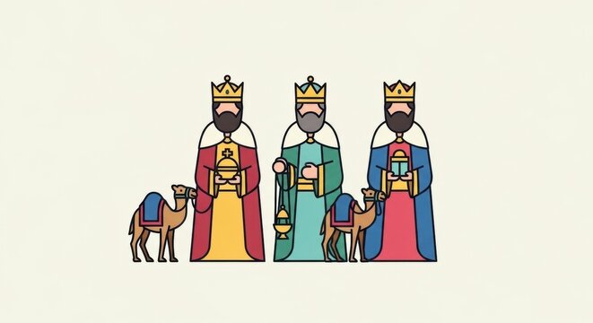 Three kings figurines with camels flat illustration on light background for Epiphany celebration
