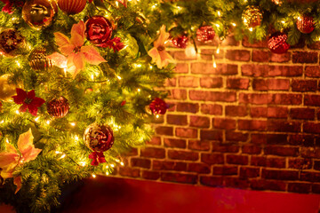 クリスマスのイルミネーションとレンガの背景素材
