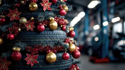 Festive tire christmas tree in automotive workshop
