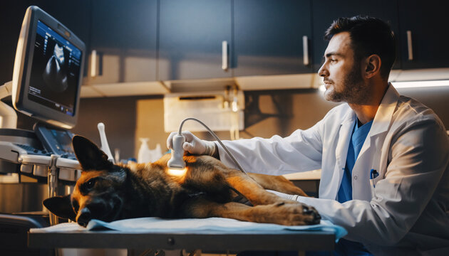 Veterinarian performing ultrasound examination on a German Shepherd dog in a clinic