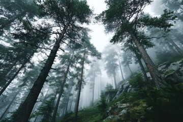 Obraz premium Dense pine forest in misty mountains with tall trees and rocky slope