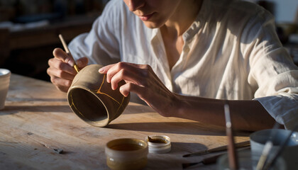 A focused artisan meticulously hand-paints intricate gold patterns onto a handcrafted ceramic pot, demonstrating detailed pottery decoration and artistic craftsmanship in a sunlit studio