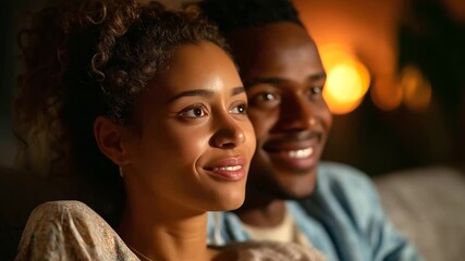 Portrait of a happy young couple watching TV together at home, shot of a couple resting on the couch watching television, under soft warm light highlighting togetherness and leisur