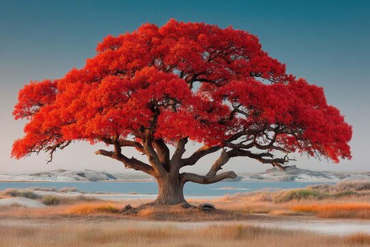 Large oak tree with vibrant red leaves stands beside a tranquil lake in a quiet autumn landscape