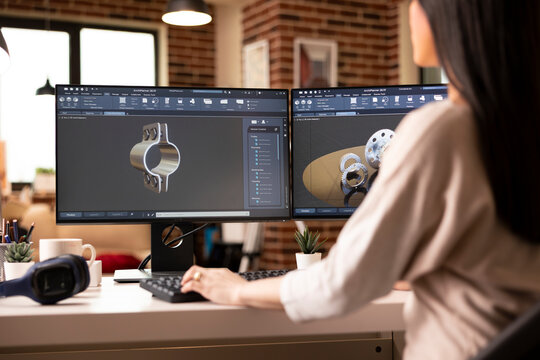 Creative female engineer working remotely in home studio, designing mechanical gear prototypes using CAD and visualization software. Industrial style setup with stylish decor and digital tools.