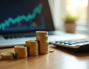 Gold coins stack in ascending order on wooden desk. Blurred laptop screen shows upward trend graph. Scene represents financial growth, personal savings, smart investment planning, successful business