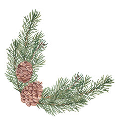 Watercolor fir branches corner composition. Hand drawn watercolor illustration of pine branches with cones. Perfect for Christmas design, winter decoration, invitations, cards, and natural